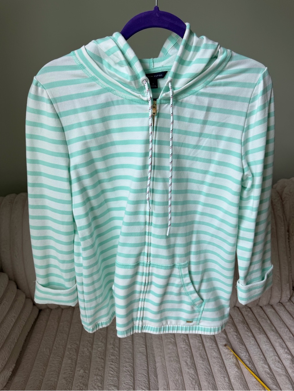 Tommy Hilfiger Mint Aqua and White Striped Zip 3/4 Length Sleeve Hoodie
